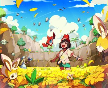 2girls :d alolan_exeggutor alolan_form bag beanie black_eyes black_hair blue_sky blush bracelet butterfree cloud commentary_request cosmog cottonee cutiefly day dress field floating floral_print flower flower_field flying gen_1_pokemon gen_4_pokemon gen_5_pokemon gen_7_pokemon green_shorts happy hat highres hill jewelry korean_commentary legendary_pokemon lillie_(pokemon) looking_up medium_hair multiple_girls nintendo open_mouth oricorio oricorio_(pom-pom) outdoors outstretched_arms palm_tree petilil pikipek poke_ball_print pokemon pokemon_(creature) pokemon_sm print_headwear red_hat rotom rotom_dex selene_(pokemon) selyg15 shirt short_sleeves shorts shoulder_bag sky sleeveless sleeveless_dress smile standing sundress swept_bangs t-shirt teeth tree trumbeak upper_teeth_only yellow_flower