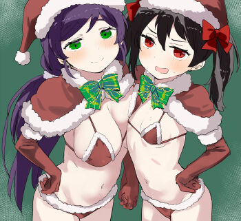 2girls bikini black_hair bow bowtie capelet elbow_gloves fur-trimmed_bikini fur-trimmed_capelet fur_trim gloves green_background green_bow green_eyes hair_bow hand_on_own_hip hat highres kurokawa_makoto long_hair looking_at_viewer love_live! love_live!_school_idol_project multiple_girls plaid_bow plaid_bowtie plaid_clothes purple_hair red_bikini red_eyes red_gloves red_hat santa_costume santa_hat smile swimsuit tojo_nozomi twintails wavy_mouth yazawa_nico