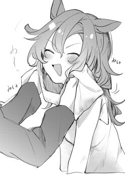 1girl 1other alternate_hair_length alternate_hairstyle amano_(amano_miko) animal_ears closed_eyes drying drying_hair happy highres horse_ears horse_girl long_sleeves open_mouth simple_background sleeveless solo_focus t.m._opera_o_(umamusume) towel umamusume upper_body v-shaped_eyebrows white_background