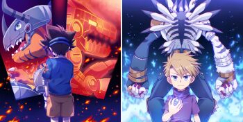 Rule 34 | 3boys, blonde hair, blue eyes, blue fire, blue fur, blue headband, blue shirt, body fur, brown hair, cowboy shot, cyborg, digimon, digimon (creature), digimon adventure: (2020), digivice, dinosaur, fire, from behind, goggles, goggles on head, headband, holding, ishida yamato, male focus, mechanical arms, medium hair, metalgreymon, momofukki, mugendramon, multiple boys, non-humanoid robot, orange shorts, purple shirt, robot, robot dragon, sharp teeth, shirt, short hair, shorts, single mechanical arm, teeth, turtleneck, upper body, weregarurumon, werewolf