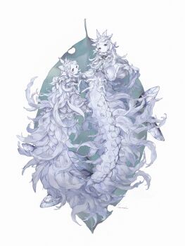 2girls arthropod_girl capelet commentary_request full_body grey_eyes highres hoshi_rousoku insect_wings larva leaf long_hair looking_at_viewer monster_girl multiple_girls original simple_background solo taur white_background white_capelet white_hair wings