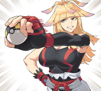 1girl absurdres arched_bangs blonde_hair breasts cleavage commentary_request detached_sleeves emphasis_lines eyelashes fingerless_gloves genderswap genderswap_(mtf) gloves grin hand_on_own_hip highres holding holding_poke_ball ivor_(pokemon) korean_commentary ksksksa large_breasts long_hair mole mole_under_mouth motion_lines multicolored_eyes nintendo outstretched_arm pants poke_ball pokemon pokemon_legends:_z-a single_detached_sleeve smile solo teeth ultra_ball