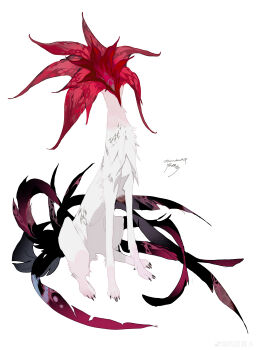 absurdres artist_name black_tail creature extra_tails flower_head full_body highres kamikiririp multicolored_tail no_humans original plant_tail simple_background sitting tail watermark weibo_watermark white_background white_fur