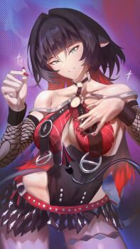 1girl absurdres animal_ears bare_shoulders belt black_leotard black_skirt blue_eyes breasts collarbone colored_inner_hair commentary detached_sleeves earrings fishnet_sleeves fishnets hair_intakes hand_on_own_chest highres jane_doe_(nocturne_of_light)_(zenless_zone_zero) jane_doe_(zenless_zone_zero) jewelry leotard long_hair mouse_ears mouse_girl multicolored_hair o-ring red_belt red_hair red_nails skirt solo zarasaru zenless_zone_zero