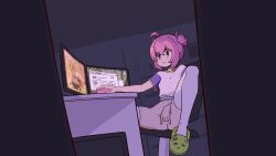 1girl ahoge animated blue_eyes blush bottomless chair computer computer_mouse desk female_focus female_masturbation fingering hair_bun highres liveactors masturbation monitor navel on_chair pink_hair pornography pussy shirt sitting slippers smile solo spread_legs steam_(platform) steam_delivery_girl tagme thighhighs uncensored video