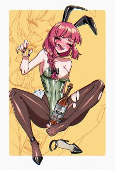 1girl alcohol animal_ears bandaid bandaids_on_nipples black_bow black_pantyhose black_shoes blush bocchi_the_rock! bottle bow braid braided_ponytail breasts closed_mouth covered_navel crystalsugarstars cup drinking_glass drooling green_leotard hair_bow hair_over_shoulder high_heels highres hiroi_kikuri holding holding_cup invisible_chair knees_up leotard long_hair medium_breasts nail_polish navel open_mouth pantyhose pasties rabbit_ears rabbit_tail red_hair sharp_teeth shoes shot_glass single_bare_foot sitting solo tail teeth thighs torn_clothes torn_pantyhose unworn_shoes yellow_background