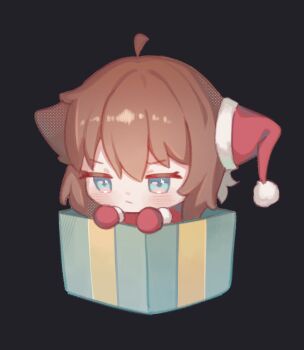 1boy :/ ahoge animal_ears ball_hands black_background blue_eyes box brown_hair cat_boy cat_ears chibi chibi_only closed_mouth commentary english_commentary gift gift_box hat hat_over_one_ear highres in_box in_container male_focus original rat_squeak santa_costume santa_hat simple_background solo trap v-shaped_eyebrows