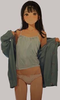 1girl absurdres akipeko black_hair blue_camisole blue_cardigan bow bowtie breasts brown_eyes camisole cardigan closed_mouth commentary_request grey_background highres looking_at_viewer medium_hair open_cardigan open_clothes original panties pink_bow pink_bowtie simple_background small_breasts solo underwear white_panties