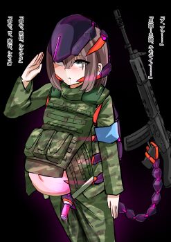 1girl big_belly black_background brown_hair bulletproof_vest camouflage commentary_request corruption dark_persona female_focus green_helmet green_pants green_shirt green_vest grey_eyes helmet highres inflation looking_at_viewer medium_hair military_uniform mind_control original otonof2 pants parasite pregnant restrained sex_machine shirt simple_background soldier solo standing stationary_restraints translation_request vest woodland_camouflage