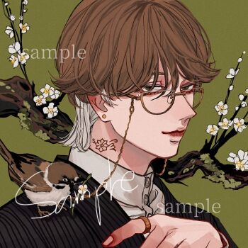 1boy animal animal_on_shoulder bird bird_on_shoulder bishounen black_jacket branch brown_bird brown_eyes brown_hair buttons closed_mouth collared_shirt commission earrings eyewear_strap fingernails flower glasses green_background hand_up highres jacket jewelry kagoya1219 looking_at_viewer male_focus multicolored_hair neck_tattoo original pinstripe_jacket pinstripe_pattern portrait ring sample_watermark semi-circular_eyewear semi-rimless_eyewear shirt short_hair simple_background solo sparrow striped tattoo two-tone_hair under-rim_eyewear watermark white_flower white_hair white_shirt