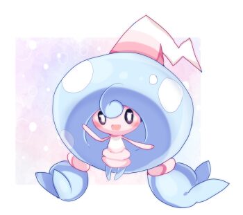 Rule 34 | 1girl, absurdly long hair, black sclera, blue hair, blue skin, blush, border, chisen maimai, colored sclera, colored skin, female focus, full body, gen 8 pokemon, hand up, happy, hat, hattrem, long hair, looking at viewer, multicolored skin, nintendo, no feet, open mouth, outside border, pink hat, pink skin, pokemon, pokemon (creature), purple background, smile, solo, twintails, two-tone skin, very long hair, waving, white border, white eyes