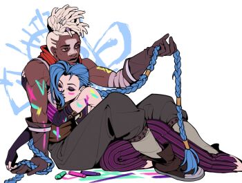 1boy 1girl arcane:_league_of_legends arcane_jinx biceps black_eyeshadow black_pants blue_hair braid bright_pupils brown_eyes brown_gloves brown_lips brown_shoes closed_eyes closed_mouth couple d_(xxl30433461) dark-skinned_male dark_skin dreadlocks ekko_(league_of_legends) eyeshadow feet_out_of_frame firelight_ekko gloves hand_up hetero highres holding_another&#039;s_hair hug interracial jinx_(league_of_legends) league_of_legends long_hair makeup pants purple_pants shirt shoes sleeping sleeveless sleeveless_shirt smile striped_clothes striped_pants twin_braids undercut very_long_hair white_hair white_pupils