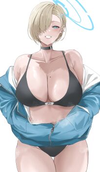 absurdres asuna_(blue_archive) bikini black_bikini blonde_hair blue_archive blue_eyes blue_halo breasts cleavage commentary cowboy_shot english_commentary hair_over_one_eye halo highres jacket large_breasts miz_blank mole mole_on_breast open_clothes open_jacket partially_unzipped short_hair swimsuit
