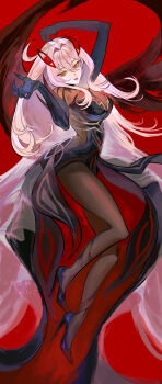 Rule 34 | 1girl, absurdres, ahoge, arms up, artist name, black claws, black dress, black skin, blonde hair, breasts, claws, closed mouth, colored skin, commentary, dress, english commentary, eye symbol, floating, from side, full body, genshin impact, glowing, hair between eyes, hair intakes, hair ornament, head tilt, high heels, highres, huge ahoge, iasly7, large breasts, long hair, looking at viewer, looking to the side, multicolored dress, multicolored hair, multicolored skin, orange eyes, red background, red lips, red wings, ronova (genshin impact), shade, side ahoge, simple background, skin tight, solo, symbol-shaped pupils, symbol in eye, twitter username, two-tone skin, watermark, wavy hair, wings