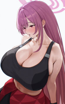 1girl bare_shoulders black_sports_bra blue_archive blush breasts cleavage collarbone commentary_request eimi_(armed)_(blue_archive) eimi_(blue_archive) grey_background halo highres huge_breasts long_hair midriff navel ni_tamago_sando official_alternate_costume open_mouth pink_halo purple_eyes purple_hair simple_background solo sports_bra sweat very_long_hair