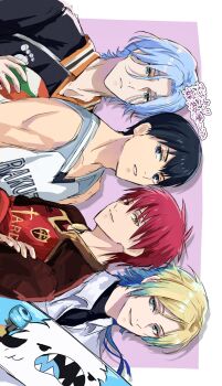 4boys akashi_seijuurou ball basketball_uniform black_hair black_shirt blonde_hair blue_eyes blue_hair blue_lock closed_mouth collared_shirt cosplay crossed_arms crossover en_llll gradient_hair haikyuu!! hasegawa_langa heterochromia highres holding holding_ball kageyama_tobio karasuno_volleyball_uniform kuroko_no_basuke long_hair male_focus michael_kaiser multicolored_hair multiple_boys pink_background red_eyes red_hair red_shirt shirt short_hair sideways sk8_the_infinity skateboard sleeveless sleeveless_shirt smile soccer_uniform sportswear two-tone_hair two-tone_shirt upper_body volleyball_(object) volleyball_uniform white_shirt yellow_eyes