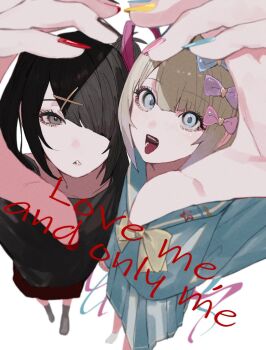 Rule 34 | 2girls, ame-chan (needy girl overdose), black hair, black shirt, blue bow, blue eyes, blue nails, blue serafuku, blue skirt, bow, chouzetsusaikawa tenshi-chan, english text, hair bow, hair ornament, hair over one eye, heart, heart hands, heart hands duo, highres, holding hands, kurokawa (kurokashi655), looking at viewer, multicolored nails, multiple girls, nail polish, needy girl overdose, open mouth, pink bow, pink nails, purple bow, red nails, school uniform, serafuku, shirt, skirt, white background, x hair ornament, yellow nails