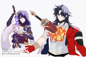 1boy 1girl absurdres argon_piz bandages blade_(honkai:_star_rail) blue_eyes bracelet breasts bridal_gauntlets cleavage commentary_request drawing_sword earrings genshin_impact glowing hair_ornament hair_over_one_eye highres holding holding_sword holding_weapon honkai:_star_rail honkai_(series) jacket japanese_clothes jewelry kimono long_hair looking_at_another mihoyo mortenax_blade_(honkai:_star_rail) obi open_clothes open_jacket purple_eyes purple_hair raiden_shogun red_eyes sash sword upper_body weapon white_background