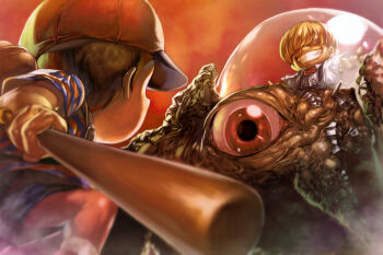 2boys baseball_bat baseball_cap child epic eyeball grin hat from_below low_angle male_focus mecha mother_(series) mother_2 multiple_boys ness_(mother_2) nintendo onono_imoko porky_minch robot smile