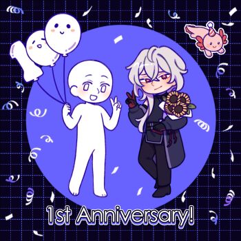 1boy 1other a_date_with_death axolotl black_gloves black_jacket black_shirt blush bouquet casper_(a_date_with_death) confetti flower full_body gloves grid_background hair_between_eyes hair_over_shoulder happy_anniversary highres holding holding_bouquet jacket jacket_partially_removed jellyfish_cut male_focus number_balloon official_art promotional_art red_eyes shirt sleeveless sleeveless_shirt smile standing sunflower v viewer_self-insert white_hair