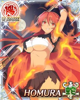 1girl ahoge arm_up armpits black_necktie black_sailor_collar black_shirt black_skirt border breasts budget_sarashi card_(medium) character_name cropped_shirt dark-skinned_female dark_skin fire full_moon game_cg grin hair_tie hebijo_academy_school_uniform holding holding_sword holding_weapon homura_(senran_kagura) large_breasts long_hair looking_at_viewer midriff moon navel necktie official_alternate_hair_color official_alternate_hairstyle official_art pleated_skirt red_hair sailor_collar sarashi school_uniform senran_kagura senran_kagura_new_wave shirt skirt smile smirk solo sword tan tanline third-party_source torn_clothes torn_skirt underboob very_long_hair weapon