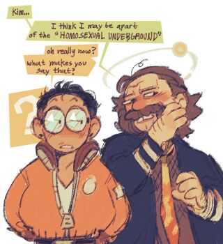 2boys ? black_hair black_jacket blush bomber_jacket brown_hair brown_shirt chibi chibi_only commentary cowboy_shot disco_elysium english_commentary facial_hair glasses hand_up harry_du_bois jacket kim_kitsuragi looking_at_another male_focus multiple_boys mustache necktie orange_jacket orange_necktie shirt short_hair source_quote time_woods white_shirt