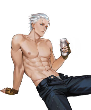 1boy abs absurdres black_choker black_nails black_pants blue_eyes brown_gloves choker closed_mouth commentary cowboy_shot devil_may_cry devil_may_cry_(series) devil_may_cry_3 ear_piercing earrings english_commentary eyebrow_piercing face_piercing fingerless_gloves gloves hand_up henoopd highres holding_bun invisible_chair jewelry lips looking_at_viewer male_focus monster_energy navel nipples nose open_fly pants pectorals piercing short_hair simple_background sitting solo toned toned_male topless_male vergil_(devil_may_cry) white_background white_hair white_pants zipper