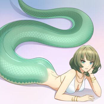 1girl absurdres bare_shoulders bikini blue_eyes breasts cleavage collarbone commentary_request green_eyes green_hair green_scales hand_on_own_cheek hand_on_own_face heterochromia highres idolmaster idolmaster_cinderella_girls kiria021 lamia looking_at_viewer lying medium_breasts mole mole_under_eye monster_girl monsterification on_stomach scales short_hair solo swimsuit takagaki_kaede white_bikini