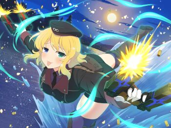 1girl :3 :p ass belt_pouch black_jacket black_necktie blonde_hair blue_eyes blush boots breasts brown_boots buttons casing_ejection chromatic_aberration closed_mouth cloud cloudy_sky double-breasted dual_wielding figure_skating firing full_moon green_eyes gun hair_between_eyes half-closed_eyes handgun hat hebijo_academy_school_uniform heterochromia holding holding_gun holding_weapon ice_skating infinity_symbol jacket lace-up_boots lake large_breasts light_particles looking_at_viewer medium_hair messy_hair military_hat moon mountainous_horizon muzzle_flash necktie night official_art pouch purple_shirt purple_thighhighs ryouna_(senran_kagura) school_uniform senran_kagura senran_kagura_new_link senran_kagura_shinovi_versus shell_casing shirt skating sky smile solo splashing standing standing_on_one_leg thigh_boots thighhighs tongue tongue_out water water_drop weapon