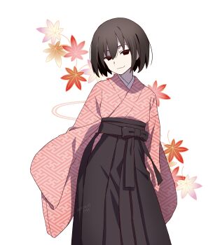 1girl :3 absurdres artist_name autumn_leaves black_eyes black_hair black_hakama black_skirt bob_cut breasts closed_mouth commentary_request dated feet_out_of_frame hair_between_eyes hakama hakama_skirt head_tilt highres initial japanese_clothes juban kimono leaf long_sleeves looking_at_viewer loose_hair_strand manimani_(mani_ma) maple_leaf monogatari_(series) narrowed_eyes oshino_ougi pale_skin pink_kimono print_kimono red_leaf short_hair signature simple_background skirt sleeves_past_fingers sleeves_past_wrists small_breasts smile smug solo standing turning_head unmoving_pattern white_background wide_sleeves