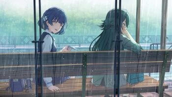 2girls bag bench gakuen_idolmaster game_cg green_eyes grey_eyes hand_on_own_face hataya_misuzu holding idolmaster multiple_girls official_art open_mouth plant profile purple_hair railing rain school_bag shirt sitting skirt tsukimura_temari white_shirt
