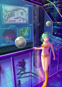 1girl 3others absurdres animal_print artist_name bikini breasts chair cleavage closed_mouth commentary cone_horns green_hair hand_on_railing highres horns house indoors kneehighs long_hair lum medium_breasts miz_mus moroboshi_ataru multiple_others navel oni orange_eyes print_bikini print_socks railing science_fiction sidelocks sitting smile socks solo_focus standing swimsuit tiger_print tile_floor tiles twitter_username urusei_yatsura