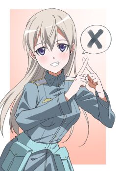 1girl blue_eyes blue_jacket blush eila_ilmatar_juutilainen grey_hair highres jacket long_hair looking_at_viewer military_uniform naguramu simple_background smile standing strike_witches teeth upper_body world_witches_series x_fingers