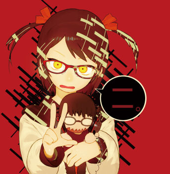1girl asgr black_sailor_collar brown_hair character_doll doll glasses hair_ribbon headphones highres holding long_sleeves looking_at_viewer open_mouth orange_eyes original red-framed_eyewear red_background red_ribbon ribbon sailor_collar school_uniform serafuku short_twintails simple_background twintails w