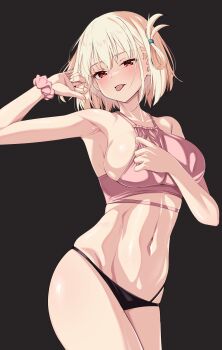 1girl :p absurdres black_panties blonde_hair breasts comiket_104 commentary_request crop_top half-closed_eyes highres kawaruhi large_breasts looking_at_viewer lycoris_recoil navel nishikigi_chisato paid_reward_available panties pink_scrunchie red_eyes scrunchie shiny_skin short_hair sideboob solo teasing tongue tongue_out underwear wrist_scrunchie