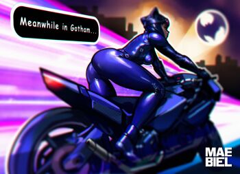 1girl animal_ears artist_name ass bat_signal batman_(series) black_bodysuit black_gloves bodysuit breasts caption cat_ears catsuit catwoman cityscape dc_comics gloves goggles goggles_on_head green_eyes looking_ahead maebiel mask motor_vehicle motorcycle selina_kyle shiny_clothes signature solo