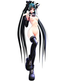1girl 3d ankle_boots black_nails black_ribbon black_sclera boots breasts calne_ca_(deino) collarbone colored_sclera deino_(deino3330) expressionless female_focus frilled_thigh_strap frills functionally_nude green_hair hair_ribbon highres leg_up lips looking_at_viewer medium_breasts nail_polish navel nipples nude original pussy red_eyes revealing_clothes ribbon shoelaces simple_background skinny slender solo standing standing_on_one_leg thigh_strap uncensored white_background