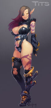1girl arms_behind_back artist_name black_boots black_socks boots breasts brown_hair cameltoe center_opening character_request cleavage commentary doxy earrings elbow_gloves english_commentary eyepatch full_body gloves gradient_background gradient_hair grey_background high_heel_boots high_heels highres jewelry kneehighs large_breasts leg_tattoo long_hair looking_at_viewer multicolored_hair navel pink_hair pointy_ears signature single_kneehigh single_sock single_thighhigh skull socks solo tattoo thighhighs torn_clothes torn_legwear trials_in_tainted_space yellow_eyes