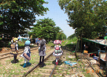 4girls akemi_homura akemi_homura_(magical_girl) black_dress black_hair blonde_hair blue_boots blue_dress blue_hair blue_sky boots cape dress drill_hair film_grain from_behind grass kaname_madoka kaname_madoka_(magical_girl) long_hair magical_girl mahou_shoujo_madoka_magica miki_sayaka miki_sayaka_(magical_girl) multiple_girls okai_(pixiv6333) outdoors pantyhose photo_background pink_dress pink_hair pink_shoes railroad_tracks shoes short_hair skirt sky sleeping_bag tomoe_mami tomoe_mami_(magical_girl) trash tree twin_drills twintails walking white_cape white_dress yellow_dress