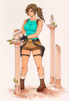 1girl ball belt black_belt blue_tank_top boots breasts brown_boots brown_eyes brown_hair brown_shorts commentary english_commentary full_body highres holding holding_ball holster kasia_nie lara_croft medium_breasts ponytail short_shorts shorts solo tank_top tomb_raider toned toned_female