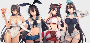 4girls :o absurdres anchor_ornament aqua_headwear black_hair black_neckerchief black_one-piece_swimsuit black_panties blue_sailor_collar blue_skirt blush breasts brown_background brown_eyes casual_one-piece_swimsuit choker cleavage closed_mouth cloud cloudy_sky collarbone competition_swimsuit compilation cosplay covered_navel cowboy_shot criss-cross_halter crop_top day double_bun earrings elbow_gloves flower food food-themed_earrings food_themed_earrings frilled_one-piece_swimsuit frilled_swimsuit frills garrison_cap gloves gluteal_fold grey_background hair_between_eyes hair_bun hair_flower hair_ornament hairband halterneck hat highleg highleg_one-piece_swimsuit highleg_panties highres holding holding_food ice_cream ice_cream_bar jewelry kantai_collection kasumi_(skchkko) large_breasts lemon_earrings long_hair looking_at_viewer machinery microskirt multiple_girls nagato_(kancolle) nail_polish navel neckerchief o-ring o-ring_swimsuit o-ring_top one-piece_swimsuit panties pleated_skirt popsicle red_eyes rigging sagiri_(kancolle) sagiri_(kancolle)_(cosplay) sagiri_(swimsuit)_(kancolle) sailor_collar scamp_(kancolle) scamp_(kancolle)_(cosplay) school_uniform serafuku shimakaze_(kancolle) shimakaze_(kancolle)_(cosplay) ship_turret shirt short_shorts shorts side-tie_swimsuit simple_background skirt sky sleeveless sleeveless_shirt smile standing star_(symbol) star_hair_ornament striped_clothes striped_thighhighs swimsuit tan_yang_(kancolle) tan_yang_(kancolle)_(cosplay) thigh_gap thighhighs underwear very_long_hair voice_actor_connection water white_choker white_gloves white_one-piece_swimsuit white_shirt white_shorts white_skirt yellow_nails yukikaze_(kancolle)