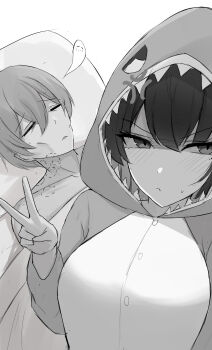1boy 1girl absurdres anger_vein animal_costume bite_mark black_hair blush ellen_joe giving_up_the_ghost guy_tired_after_sex_(meme) hair_between_eyes hetero highres meme namikare pajamas selfie shark_costume short_hair sweatdrop v wise_(zenless_zone_zero) zenless_zone_zero