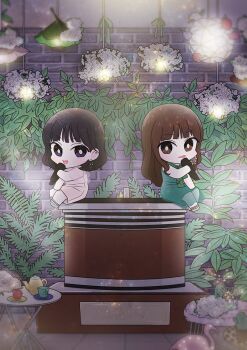 2girls artist_name blunt_bangs brown_hair commentary cup dress earrings eunha_(gfriend) flower gfriend holding holding_microphone indoors jewelry korean_commentary looking_at_viewer microphone multiple_girls music short_hair singing sitting smile yuju_(gfriend) yuringi