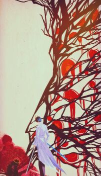 2boys black_hair bleeding blood coat crack cracked_wall demon_horns eye_print faceless feet_out_of_frame halo highres holding holding_sheath holding_sword holding_weapon horaceswarcsal horns kim_dokja kneeling male_focus multiple_boys omniscient_reader&#039;s_viewpoint open_clothes open_coat popped_collar sheath short_hair standing sword too_many_eyes weapon white_coat yoo_joonghyuk