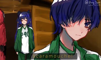 1boy 1girl alternate_costume arms_at_sides black_bow blunt_bangs blush bow character_name closed_eyes closed_mouth contemporary dengjenk eyelashes genshin_impact green_jacket green_pants green_sleeves green_track_suit gym_uniform hair_between_eyes hair_bow hair_over_one_eye highres jacket jersey long_hair long_sleeves looking_past_viewer mona_(genshin_impact) open_clothes open_jacket pants parody purple_eyes purple_hair scaramouche_(genshin_impact) scene_reference shirt sketch smile squid_game star_(symbol) star_print subtitled track_suit twintails white_shirt