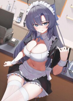 1girl alternate_costume apron black_skirt blue_archive breasts cleavage commentary halo highres holding holding_menu indoors large_breasts long_hair lp_(lp0000_k) maid maid_apron maid_headdress mechanical_halo menu navel panties purple_eyes purple_hair skirt solo thighhighs thighs underwear very_long_hair white_apron white_panties white_thighhighs yuuka_(blue_archive) zettai_ryouiki