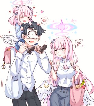 1boy 2girls absurdres aged_up alternate_costume blue_archive carrying carrying_person child closed_eyes couple cowboy_shot doodle_sensei_(blue_archive) family feathered_wings halo happy hetero highres if_they_mated long_hair looking_at_another low_wings mika_(blue_archive) multiple_girls peroronti pink_hair pink_halo sensei_(blue_archive) shoulder_carry simple_background white_background white_wings wings yellow_eyes