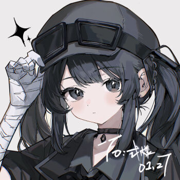 1girl bandaged_arm bandages black_bow black_bowtie black_choker black_dress black_hair black_hat black_jacket bow bowtie choker collared_dress commentary_request commission dated dress goggles goggles_on_headwear grey_eyes hat highres jacket kurobe_nanoka long_hair mahou_shoujo_no_majo_saiban matcha00 solo twintails