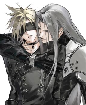 Rule 34 | 2boys, 3 3lecho, 9s (nier:automata), 9s (nier:automata) (cosplay), absurdres, arm around neck, armor, bangle, black choker, black coat, black gloves, black jacket, black visor, blindfold, blonde hair, bracelet, choker, cloud strife, coat, cosplay, final fantasy, final fantasy vii, final fantasy vii: ever crisis, gloves, grey hair, hair between eyes, highres, jacket, jewelry, long hair, male focus, multiple boys, official alternate costume, parted bangs, parted lips, pauldrons, pendant choker, sephiroth, short hair, shoulder armor, spiked hair, upper body, white background, yaoi