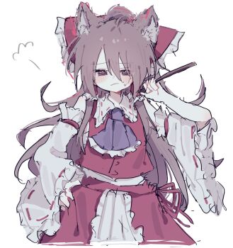 1girl animal_ear_fluff animal_ears ascot black_eyes blue_ascot bow brown_hair cat_ears closed_mouth collar collared_shirt commentary_request detached_sleeves frilled_ascot frilled_bow frilled_collar frilled_shirt_collar frills hair_between_eyes hair_bow hakurei_reimu hand_on_own_hip highres long_hair looking_at_viewer maruten_moko red_bow red_ribbon red_skirt ribbon ribbon-trimmed_sleeves ribbon_trim shirt simple_background skirt sleeveless sleeveless_shirt solo sweat touhou white_background white_sleeves wide_sleeves